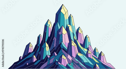 Abstract Crystal Mountain Illustration with Vibrant Colors and Geometric Shapes.