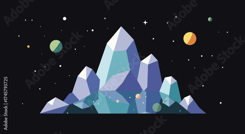 Abstract Ice Mountains in Space with Planets and Stars.