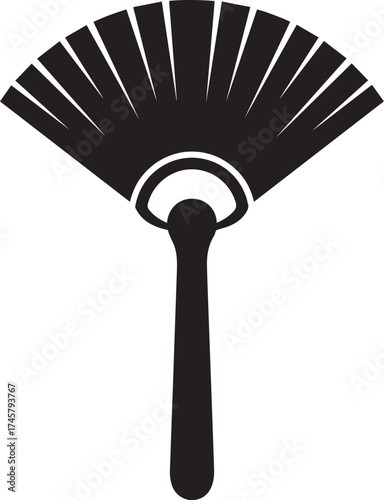 Graphic black open hand fan silhouette with distinct ribbed segments and a handle.