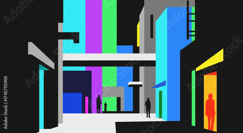 Abstract Urban Landscape with Silhouetted Figures and Vibrant Colors.