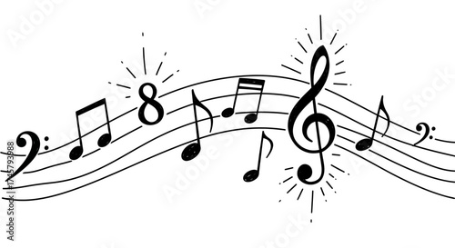 A Beautiful Display of Musical Notes and Symbols on a Wavy Staff Emitting a Soft Glow