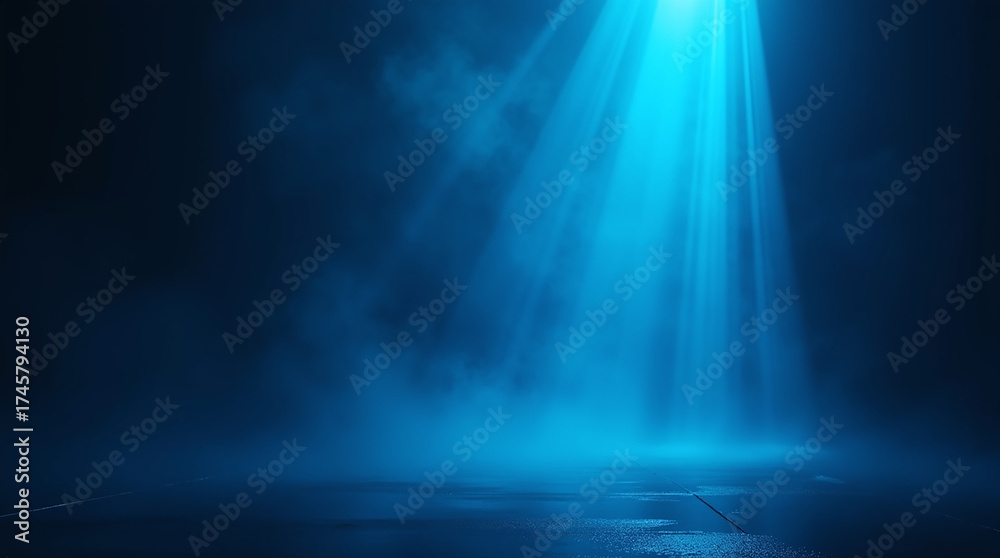 Fototapeta premium Wet asphalt, reflection of neon lights, a searchlight, smoke. Abstract light in a dark empty street with smoke, smog. Dark background scene of empty street, night view, night city.