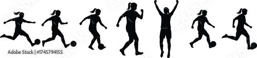 Women's soccer player silhouettes
icons, showcasing various dynamic poses such as dribbling, kicking, passing, and celebrating a goal. Vector
