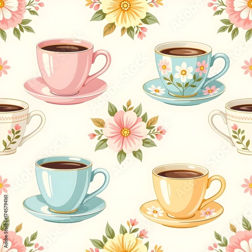 seamless pattern with pastel coffee cups and flowers