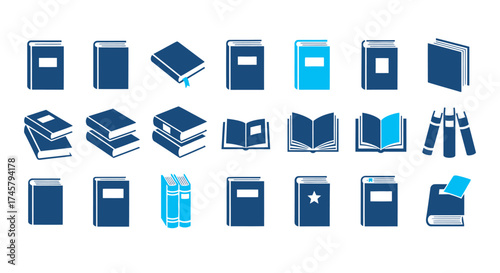 Collection of Stylized Icons Representing Books and Reading Activities for Educational or Literary Themes