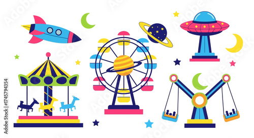 Amusement Park Rides and Attractions Illustration.