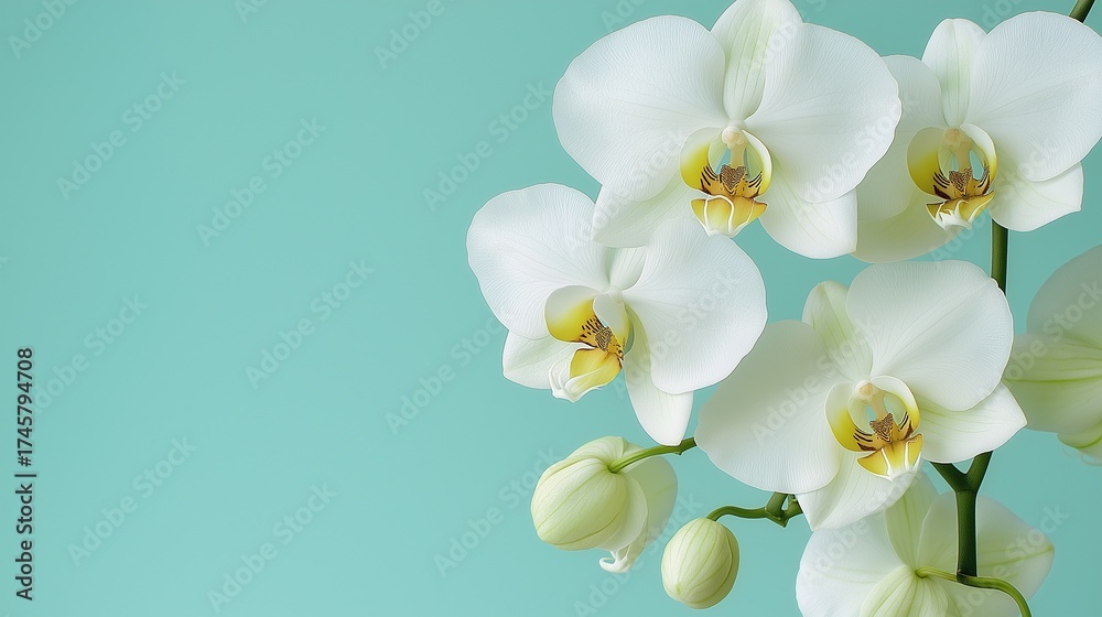 Obraz premium White orchid on a light blue background with space for text