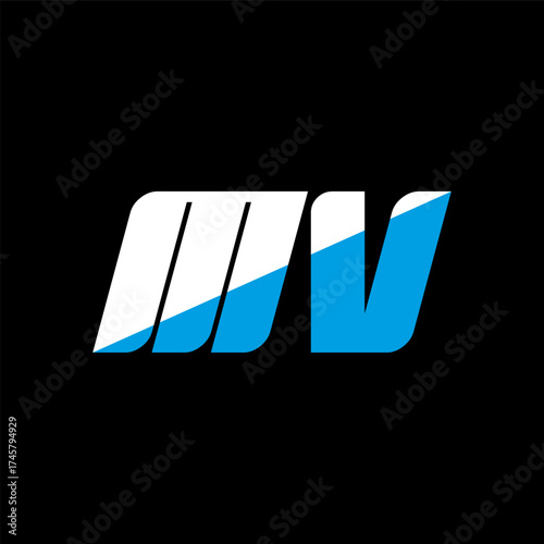 MV letter logo design on black background. MV creative initials letter logo concept. MV icon design. MV white and blue letter icon design on black background. M V