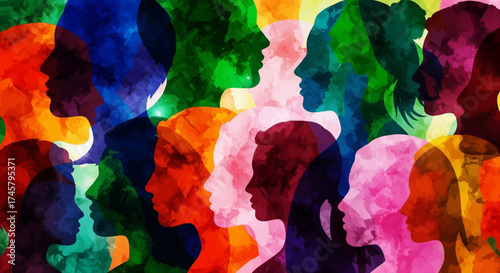 Vibrant Collage of Diverse Human Silhouettes in Multiple Colorful Overlapping Hues Representing Unity and Connection