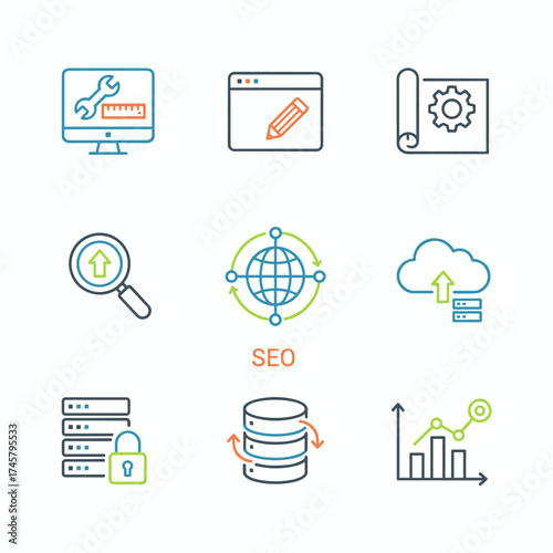 Thin-line web icon set for website design, development, SEO, cloud computing, and data management