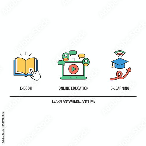 A flat-line design banner for an e-learning, e-book, and online education website, featuring a modern vector illustration suitable for web design, marketing, and print materials