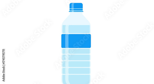 A clear plastic bottle filled with cool refreshing water stands upright against a white background with a blue label