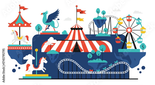 Amusement Park with Circus Tent and Rides.