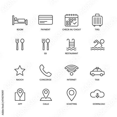 Contemporary minimalist icons depicting hotel services and reservations, a high‑quality outline symbol set for web, graphic design, and mobile apps, featuring mono‑linear pictograms, infographics