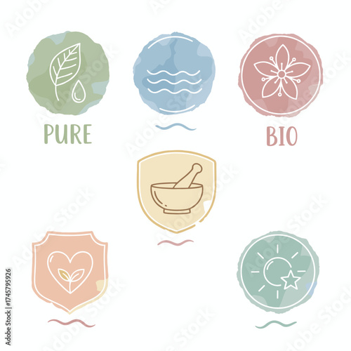 Hand‑drawn watercolor labels and badges for cosmetics and health care, vector illustrations for graphic and web design featuring natural products, spa and wellness, beauty, and healthy living