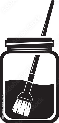 Stylized paintbrush soaking in a lidded mason jar with liquid, black and white graphic.