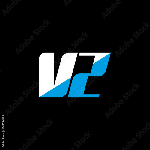 VZ letter logo design on black background. VZ creative initials letter logo concept. VZ icon design. VZ white and blue letter icon design on black background. V Z