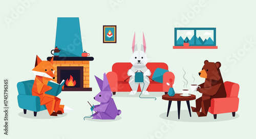 Animals Reading and Relaxing in a Cozy Living Room Setting.