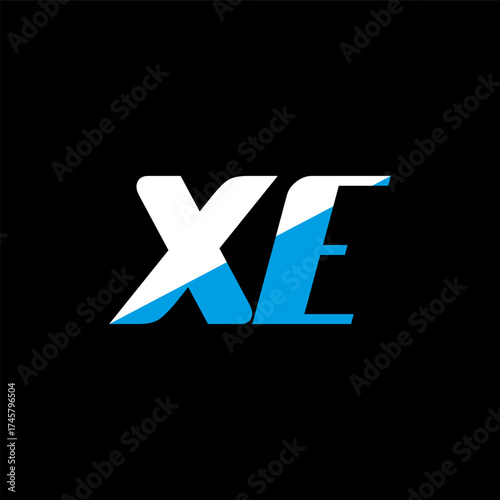 XE letter logo design on black background. XE creative initials letter logo concept. XE icon design. XE white and blue letter icon design on black background. X E