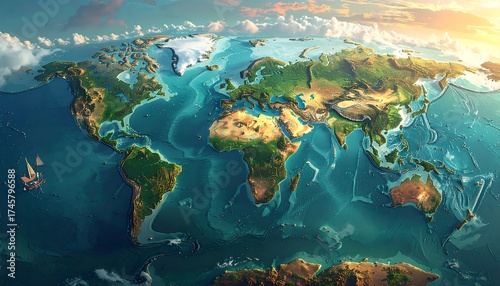 High-detail world map, aerial view, vibrant colors