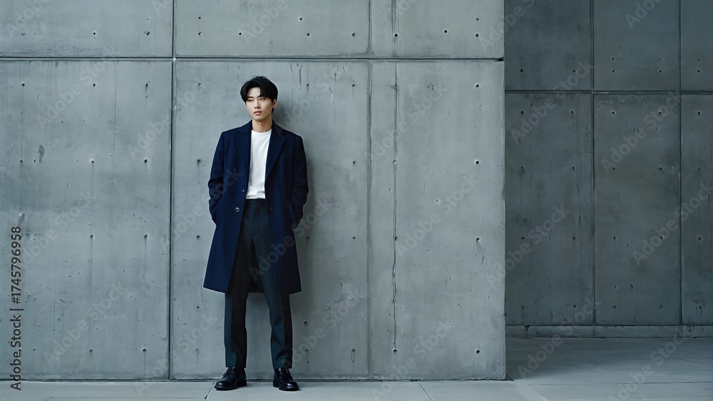 Fototapeta premium Young Man In Blue Coat. Modern Minimalist Fashion Look Against Concrete Wall Background