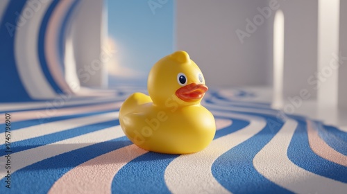 Playful Yellow Rubber Duck on Colorful Wavy Background