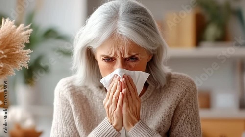 Emotional elderly woman with gray hair feeling unwell indoors.