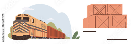 Freight train in motion with rear cargo containers, adjacent wooden crates for shipping. Ideal for logistics, transportation, importexport, supply chain, commerce, delivery, simple flat metaphor