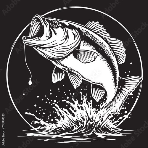 Jumping Largemouth Bass Vector — Black and White Sport Fishing Illustration with Splash, Hooked Lure, and Circular Frame