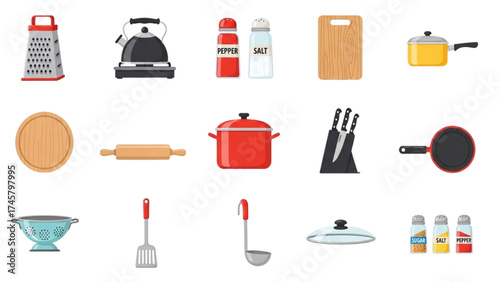 Modern Flat Kitchenware Icon Set – 15 Cooking Utensil Cartoon Vector Illustrations
