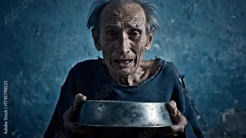 Elderly Man Holding Empty Bowl - A close-up shot of an elderly man with a pained expression holding an empty metal bowl.