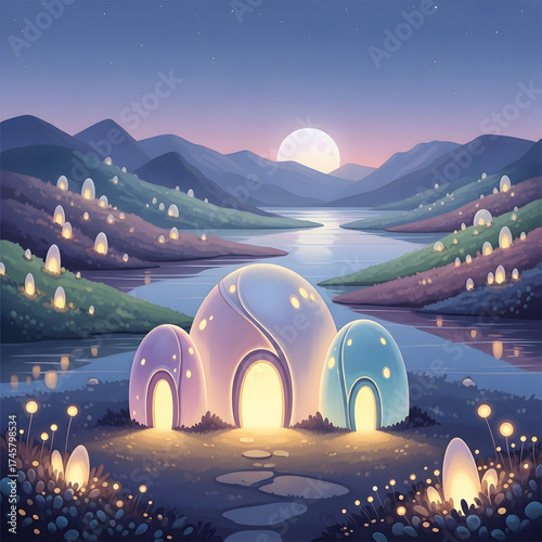 Generative AI Magical Glowing Homes Landscape at Night Fantasy Moon River Mountains Houses Whimsical Path Stars Sky Water Reflection Dream Imagination Peace Serenity Escape