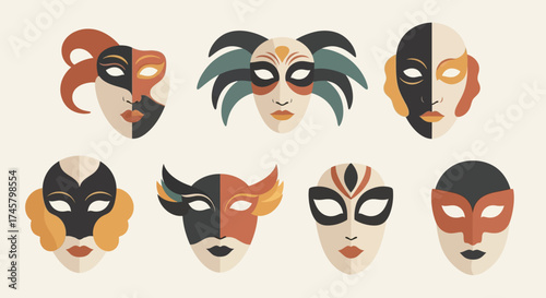 Collection of Ornate Carnival Masks with Varied Designs and Colors.