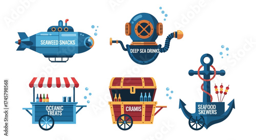 Collection of nautical themed illustrations featuring submarine, diver helmet, carts and anchor.