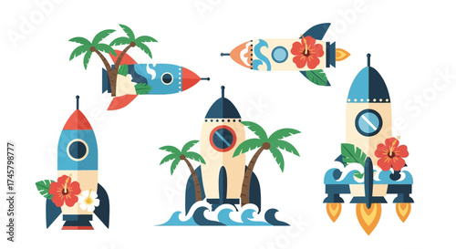 Collection of stylized space rockets with tropical decorations.