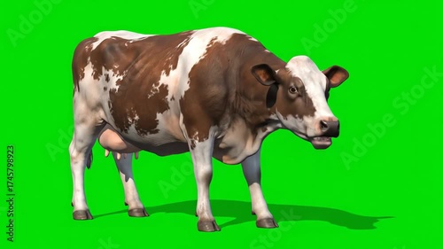 Animated Dairy Cow Sequence on Green Screen Background for Visual Effects and Compositing projects or agricultural simulations and farm related