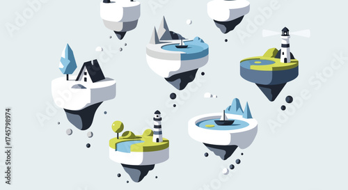 Collection of various floating islands with diverse miniature landscapes and structures.