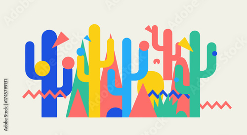Colorful Abstract Cactus Composition in Desert Landscape.