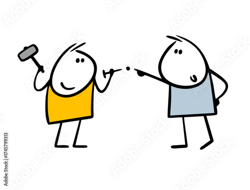 Doodle teacher points with his finger at the place on the wall for the nail. vector illustration of a student learning how to hammer nails, swinging a hammer. Supervisor and subordinate at work.