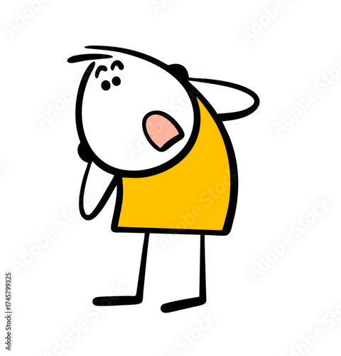 Funny cartoon stickman saw something scary on the ground. Vector illustration of a man screaming in panic from fright and surprise.