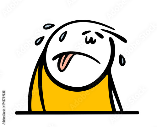 Very tired doodle stickman stuck out his tongue. sweat drips. Vector cartoon illustration of an emaciated man suffering from impotence, loss of energy, indifference.
