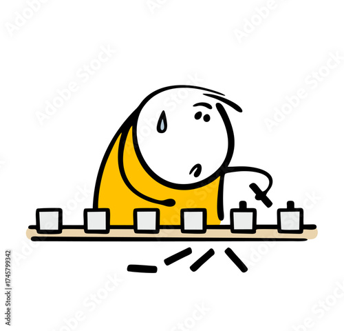 Exhausted stickman works in a factory or factory, assembling identical parts on an assembly line. Vector illustration of a worker suffering from fatigue, sweating, weak hands.