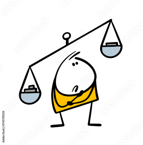Puzzled stickman stands under an ancient scale and reflects on justice, the laws of physics. Vector illustration of the weight in the bowls outweighs. Uneven distribution of benefits.