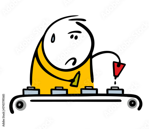 Sad factory worker drips oil into a part. Vector illustration of an endless conveyor belt and boring work. Cartoon man is tired, sweat is running down his face.