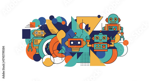 Colorful Abstract Robots and Geometric Shapes Illustration.