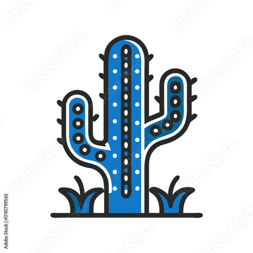 Blue cactus icon with decorative dots and green grass elements  