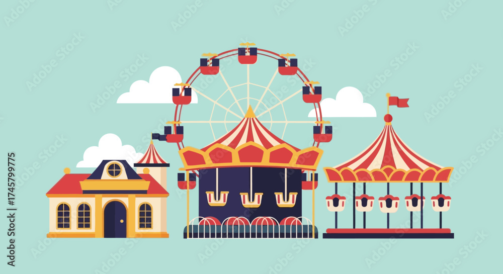 Naklejka premium Colorful Amusement Park Scene with Ferris Wheel and Carousel.