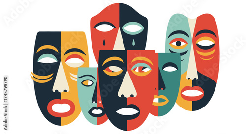 Colorful artistic masks representing diverse cultures and traditions.