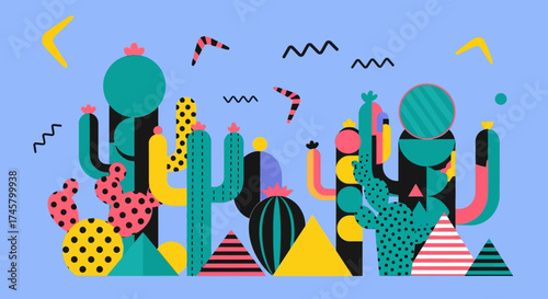 Colorful cactus illustration with geometric shapes and vibrant colors, desert theme.