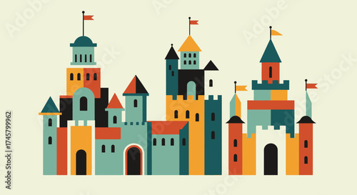 Colorful cartoon castle illustration with multiple towers and flags.